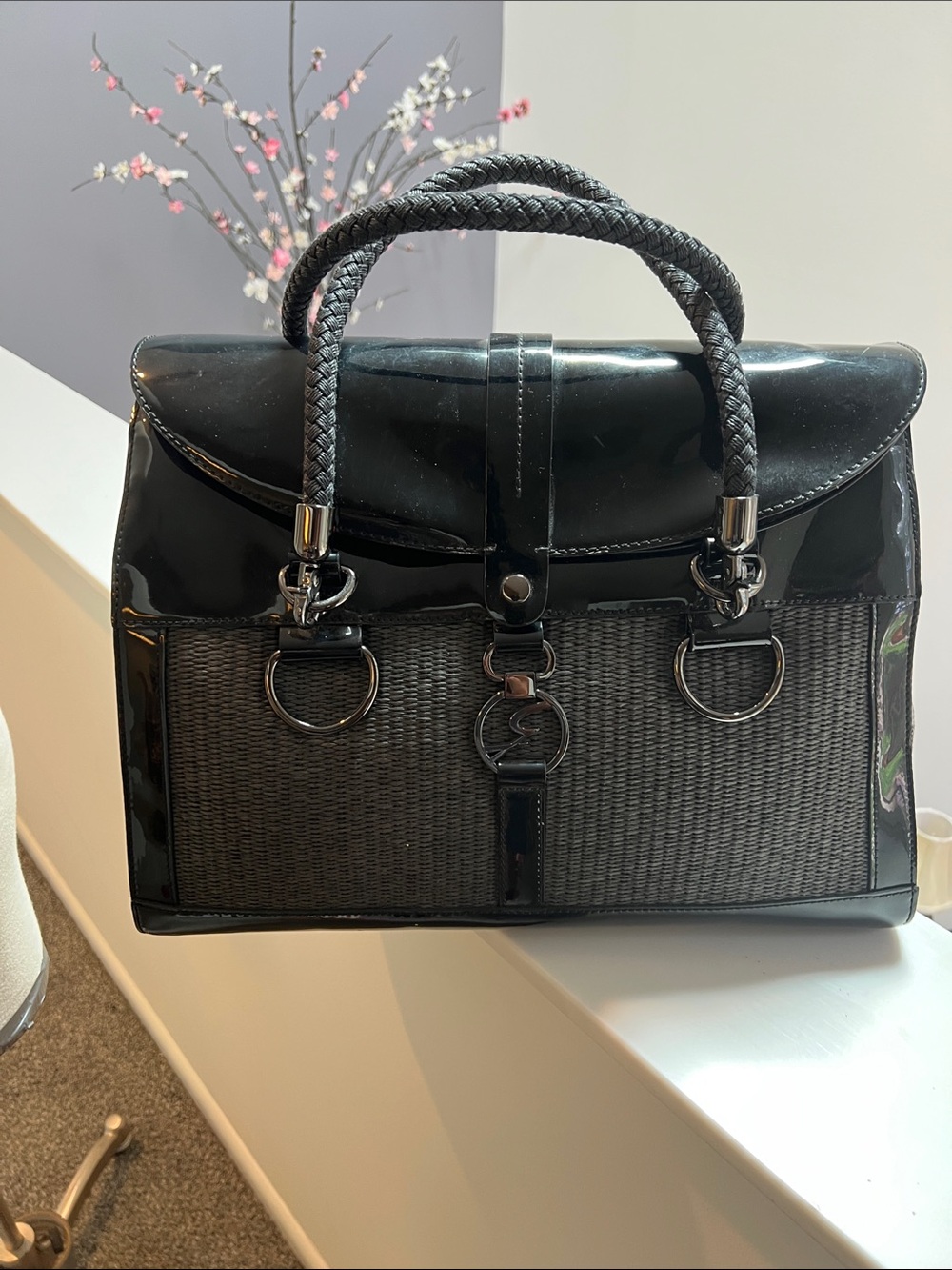 Black Patent & Woven Tote Handbag - Women